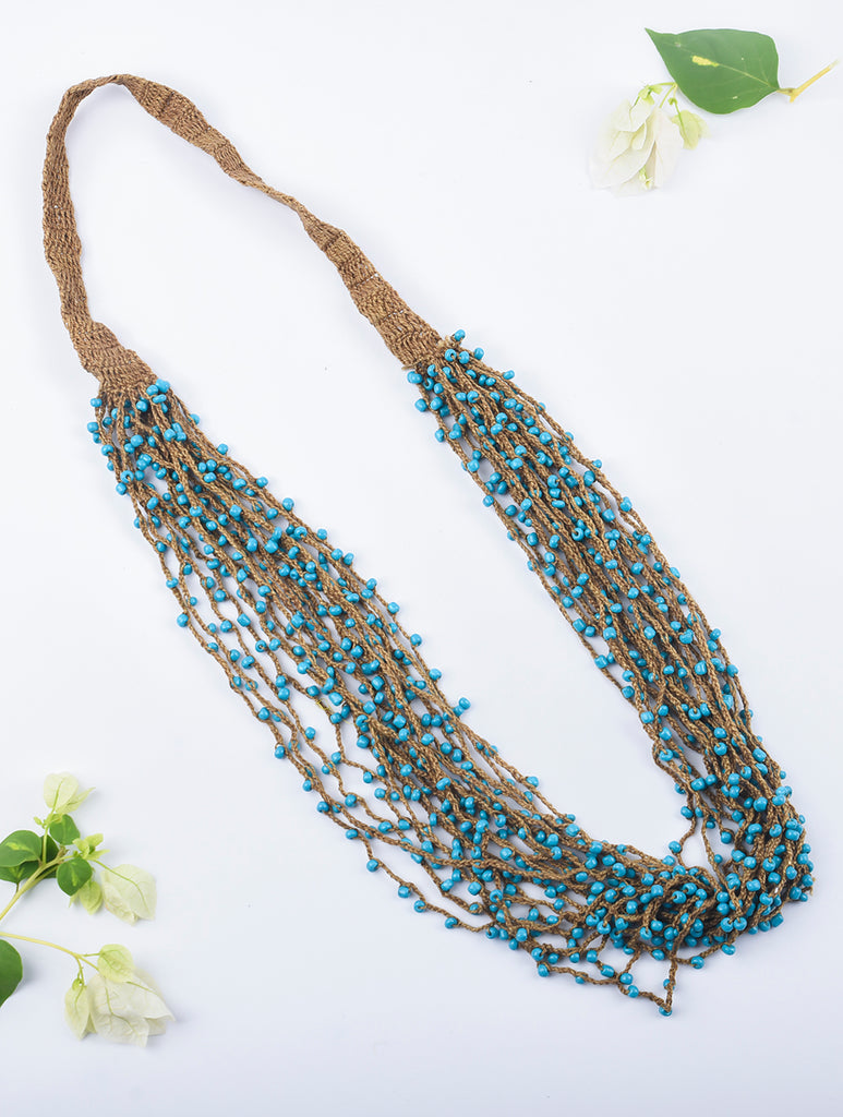 Handcrafted Beads & Thread Neckpiece - Blue & Pecan Brown