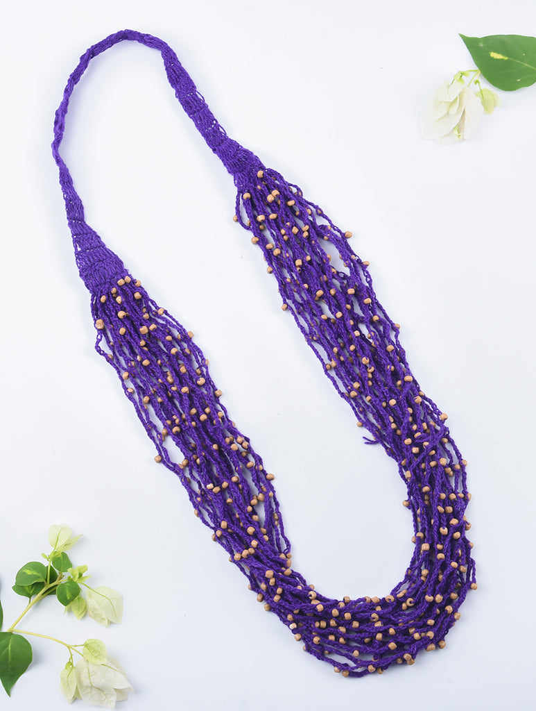 Handcrafted Beads & Thread Neckpiece - Purple & Beige