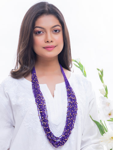 Handcrafted Beads & Thread Neckpiece - Purple & Beige
