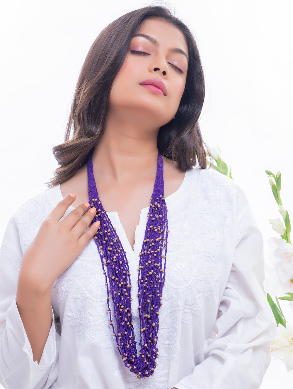 Handcrafted Beads & Thread Neckpiece - Purple & Beige