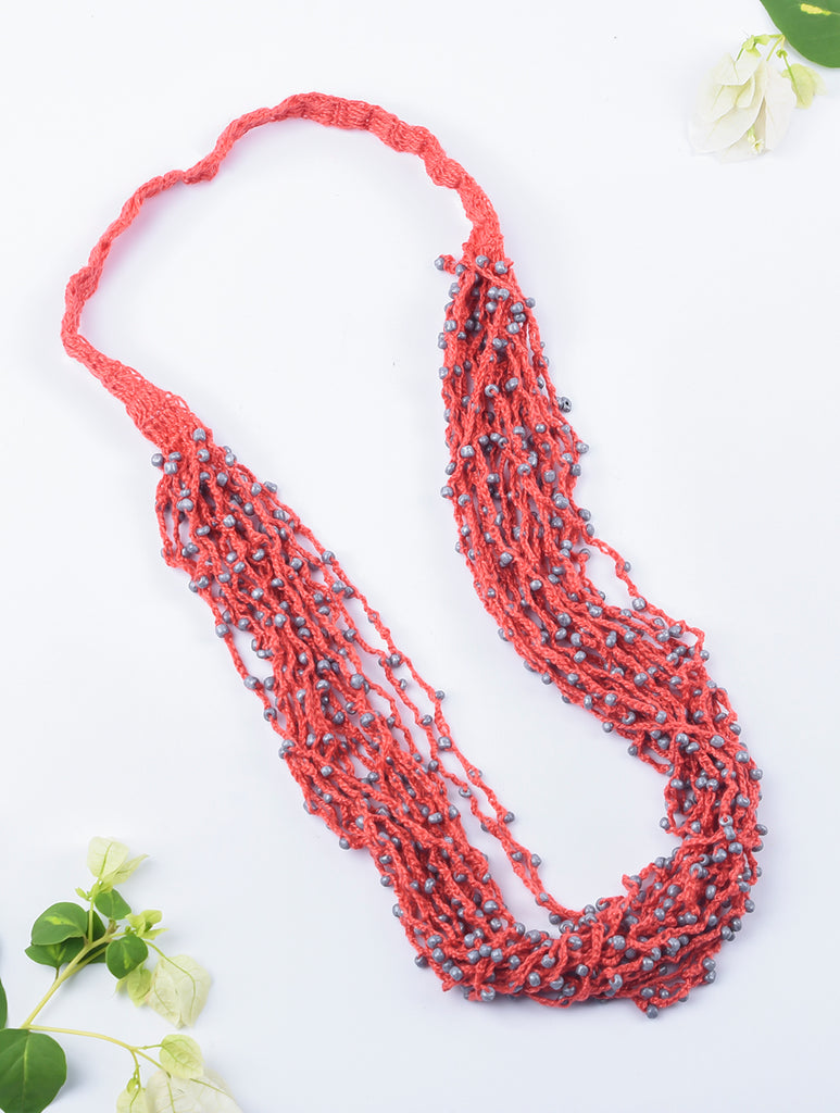 Handcrafted Beads & Thread Neckpiece - Red & Grey