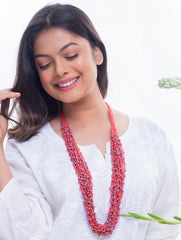 Handcrafted Beads & Thread Neckpiece - Red & Grey