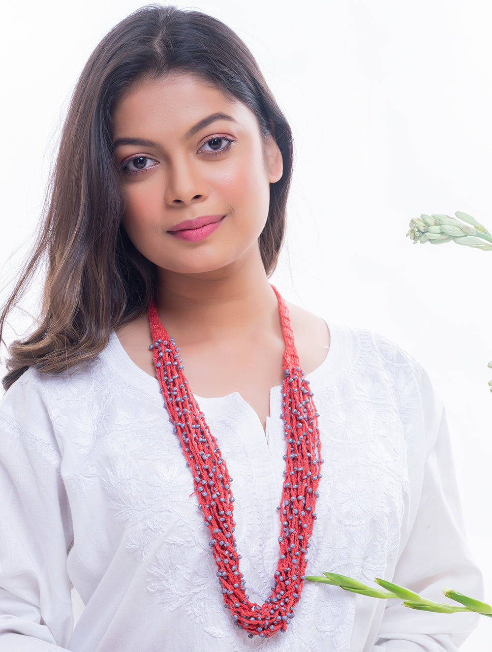 Handcrafted Beads & Thread Neckpiece - Red & Grey