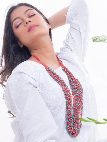 Handcrafted Beads & Thread Neckpiece - Red & Turquoise