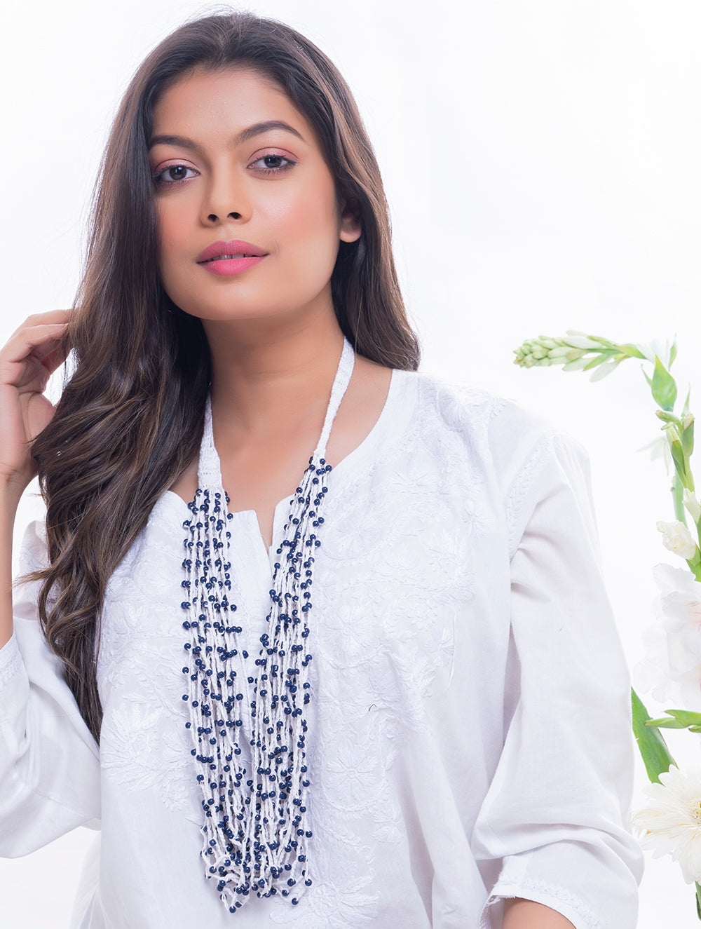 Handcrafted Beads & Thread Neckpiece - White & Indigo Blue