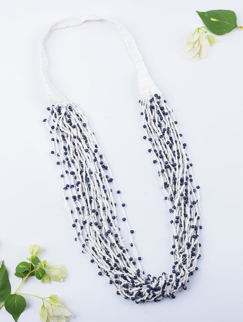 Handcrafted Beads & Thread Neckpiece - White & Indigo Blue