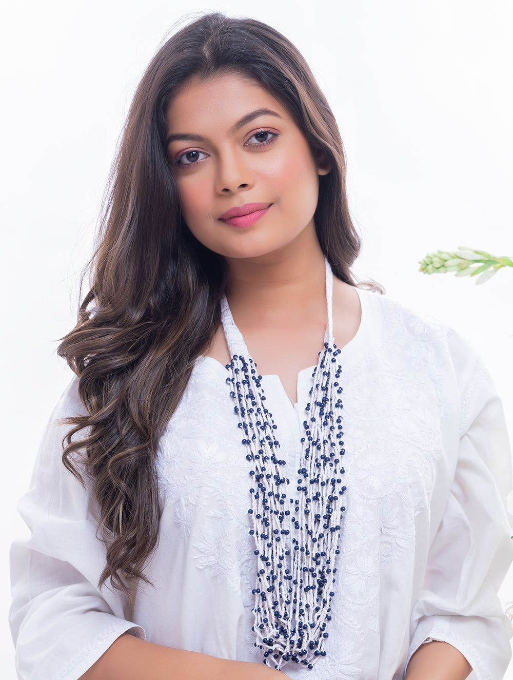 Handcrafted Beads & Thread Neckpiece - White & Indigo Blue