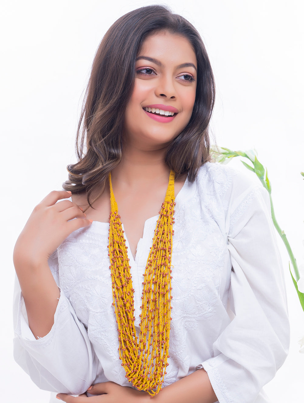 Load image into Gallery viewer, Handcrafted Beads &amp; Thread Neckpiece - Yellow &amp; Brown
