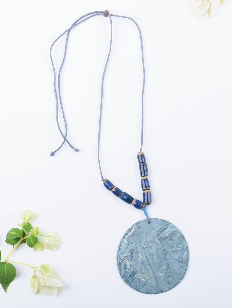 Handcrafted Ceramic Pendant and Beads Neckpiece - Blue