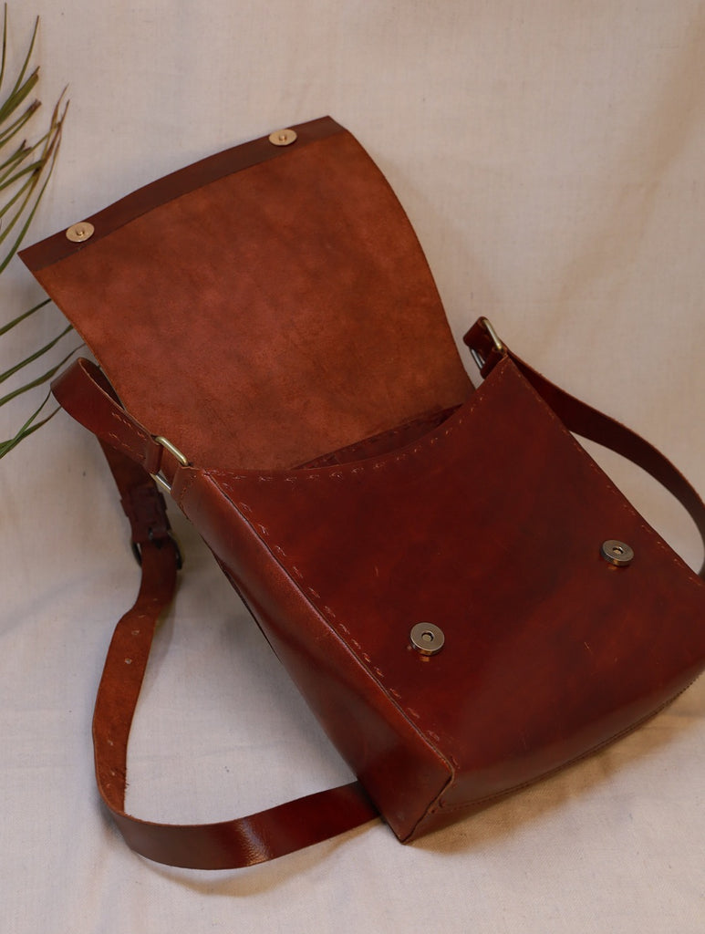 Handcrafted Jawaja Leather Sling Bag With Hand Stitch Detail -Brown