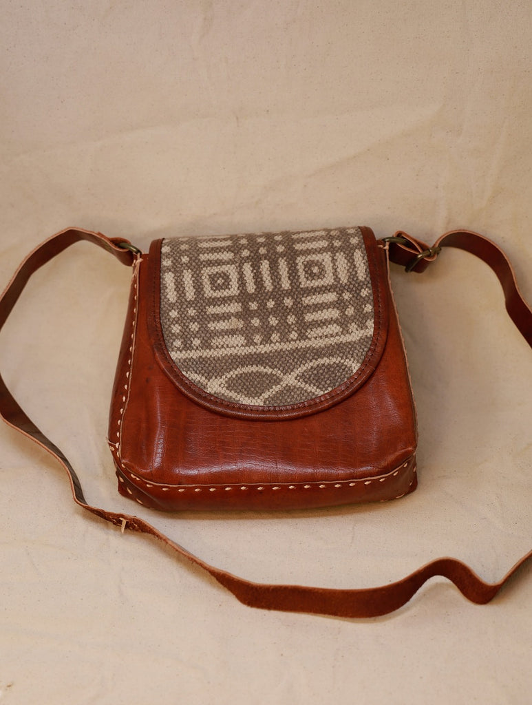 Handcrafted Jawaja Leather Sling Bag with Rug Patch - Brown & Grey
