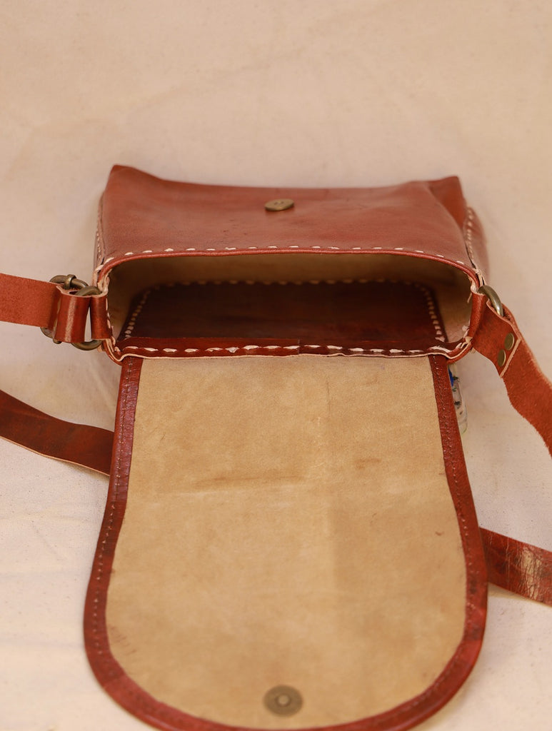Handcrafted Jawaja Leather Sling Bag with Rug Patch - Brown & Grey