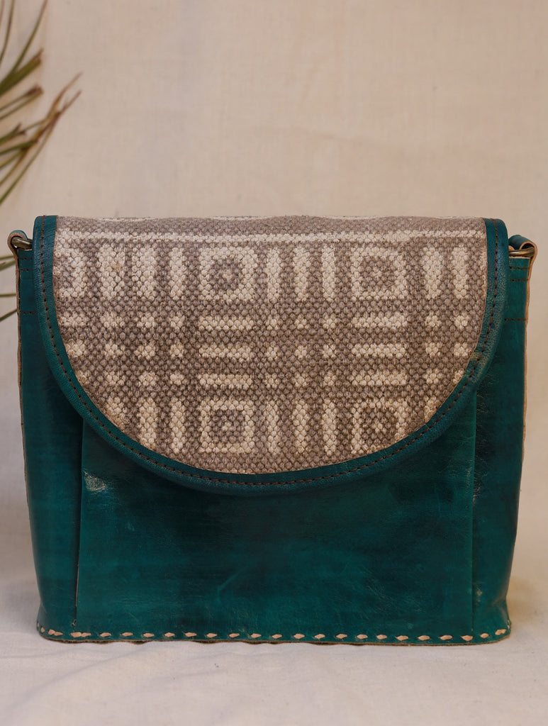 Handcrafted Jawaja Leather Sling Bag with Rug Patch - Deep Green & Grey