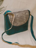 Handcrafted Jawaja Leather Sling Bag with Rug Patch - Deep Green & Grey