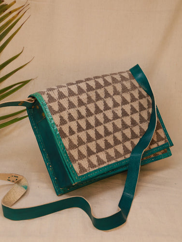 Handcrafted Jawaja Leather Sling Bag with Rug Patch - Deep Green & Grey