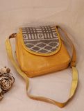 Handcrafted Jawaja Leather Sling Bag with Rug Patch - Grey & Yellow