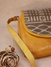 Load image into Gallery viewer, Handcrafted Jawaja Leather Sling Bag with Rug Patch - Grey &amp; Yellow