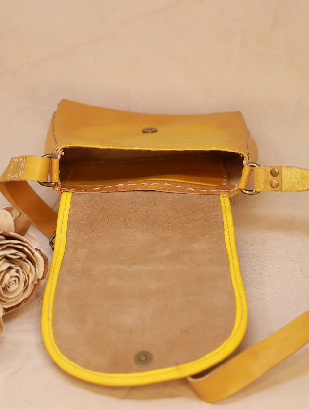 Load image into Gallery viewer, Handcrafted Jawaja Leather Sling Bag with Rug Patch - Grey &amp; Yellow