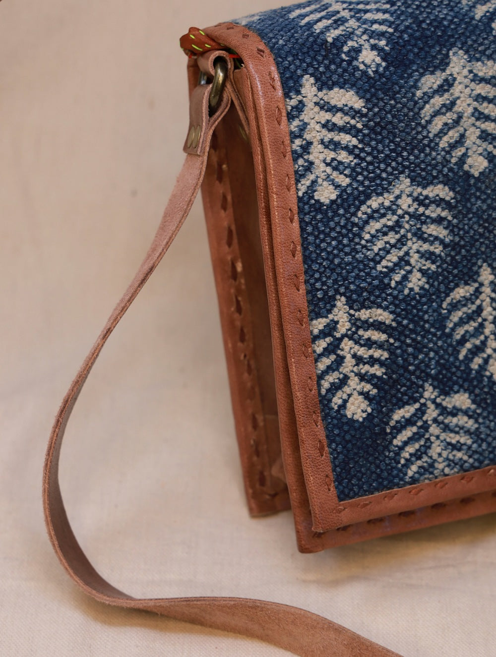 Load image into Gallery viewer, Handcrafted Jawaja Leather Sling Bag with Rug Patch - Indigo
