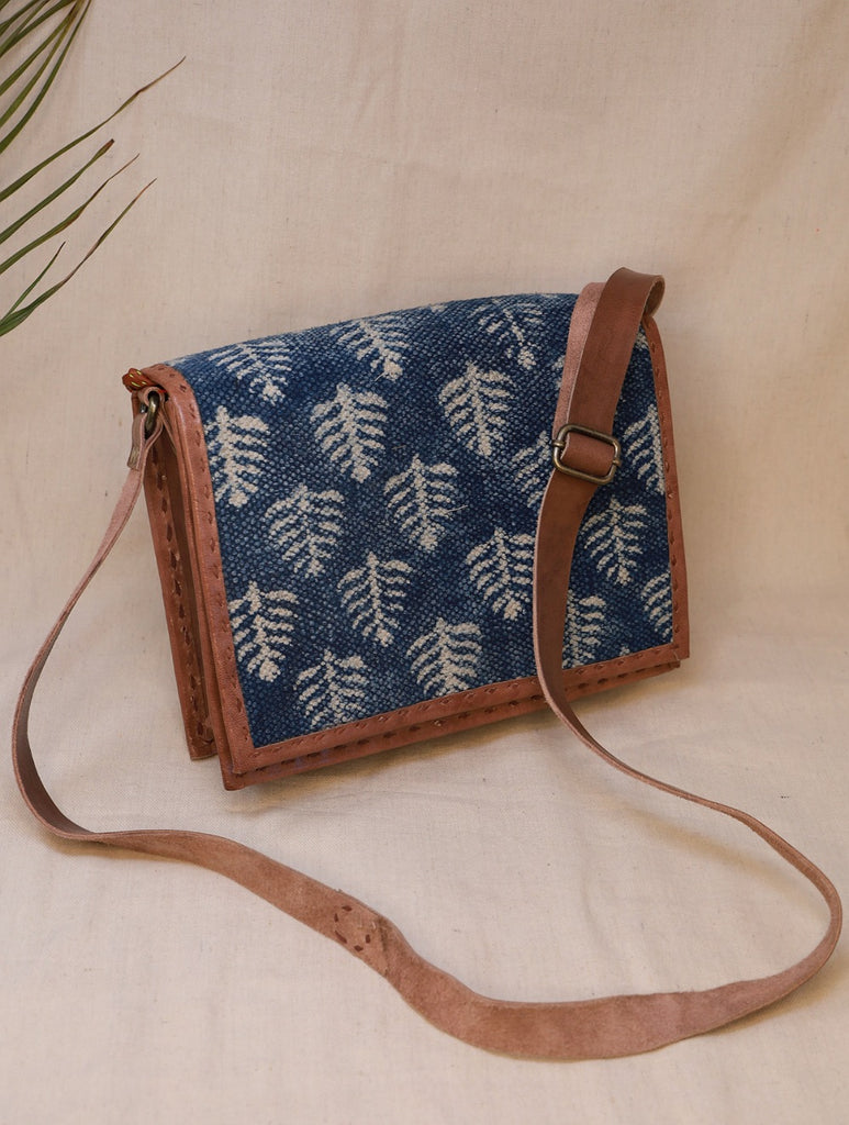 Handcrafted Jawaja Leather Sling Bag with Rug Patch - Indigo