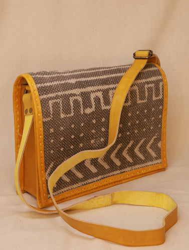 Handcrafted Jawaja Leather Sling Bag with Rug Patch - Indigo & Yellow