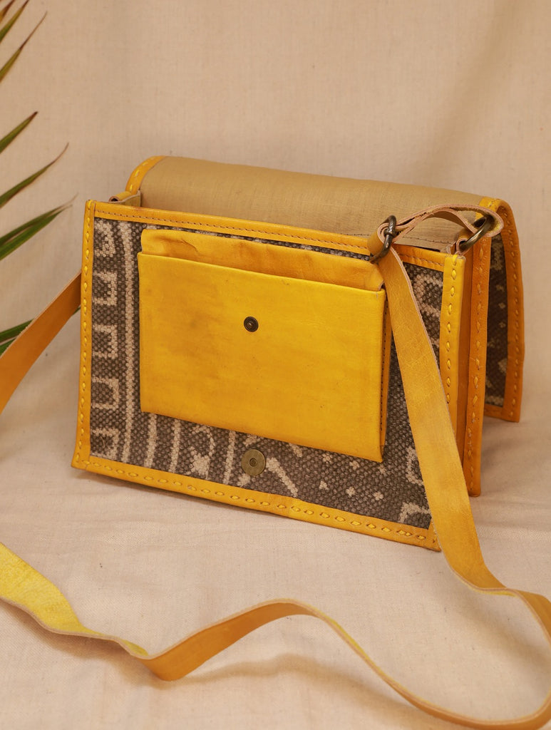 Handcrafted Jawaja Leather Sling Bag with Rug Patch - Indigo & Yellow