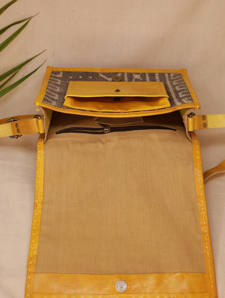 Handcrafted Jawaja Leather Sling Bag with Rug Patch - Indigo & Yellow