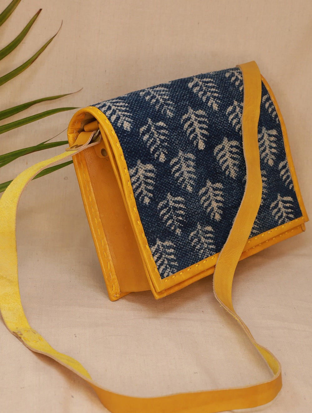 Load image into Gallery viewer, Handcrafted Jawaja Leather Sling Bag with Rug Patch - Yellow