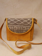 Load image into Gallery viewer, Handcrafted Jawaja Leather Sling Bag with Rug Patch - Yellow &amp; Grey