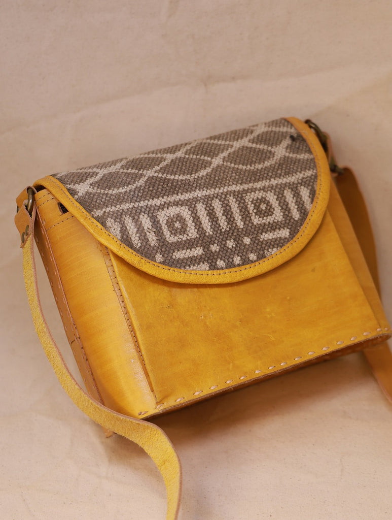 Handcrafted Jawaja Leather Sling Bag with Rug Patch - Yellow & Grey