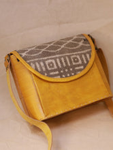 Load image into Gallery viewer, Handcrafted Jawaja Leather Sling Bag with Rug Patch - Yellow &amp; Grey