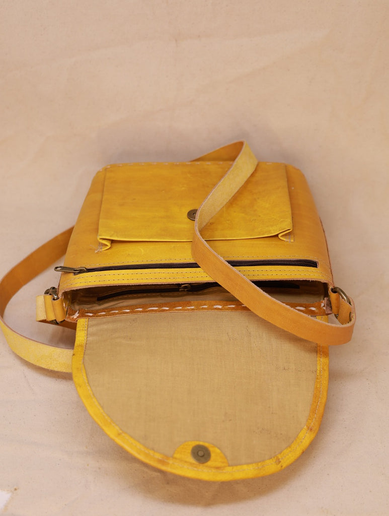 Handcrafted Jawaja Leather Sling Bag with Rug Patch - Yellow & Grey