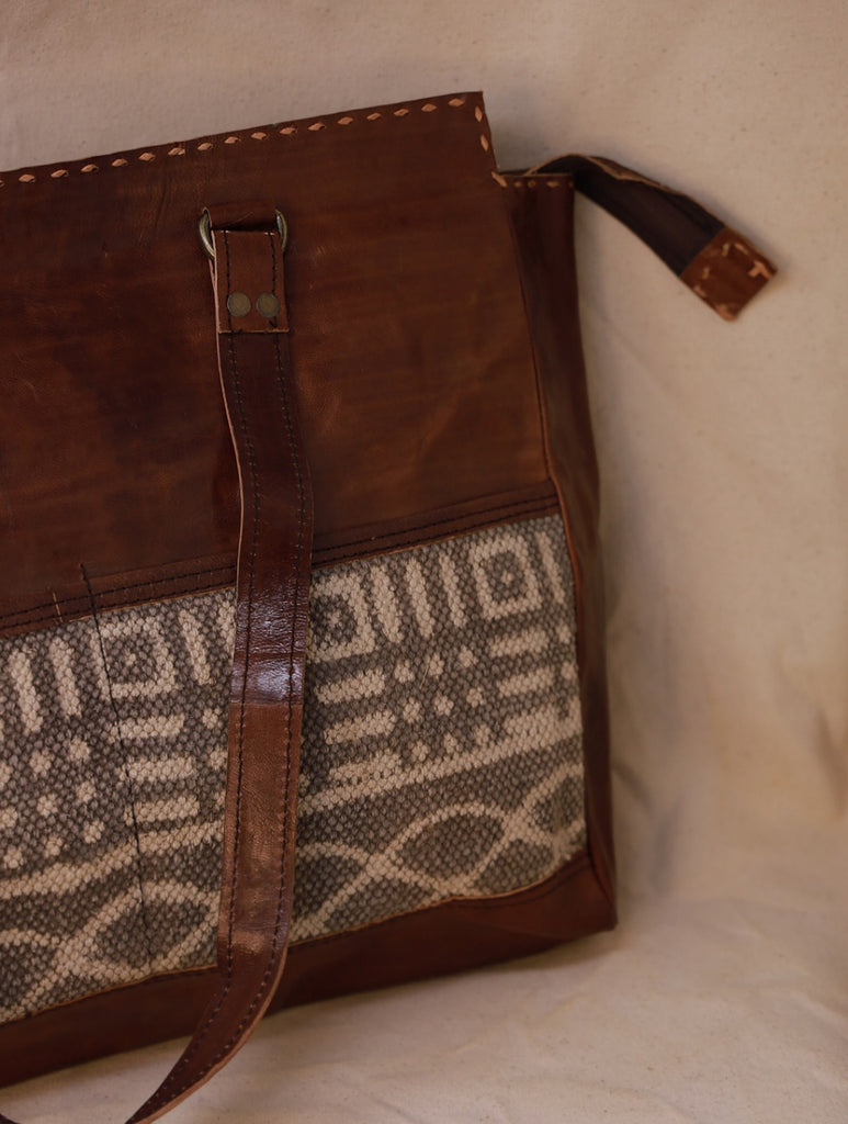 Handcrafted Jawaja Leather Tote Bag with Rug Patch - Brown