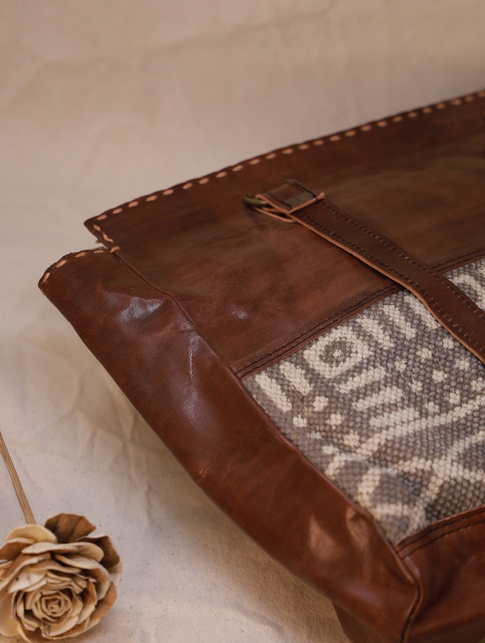 Handcrafted Jawaja Leather Tote Bag with Rug Patch - Brown