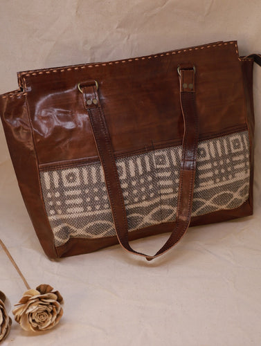 Handcrafted Jawaja Leather Tote Bag with Rug Patch - Brown