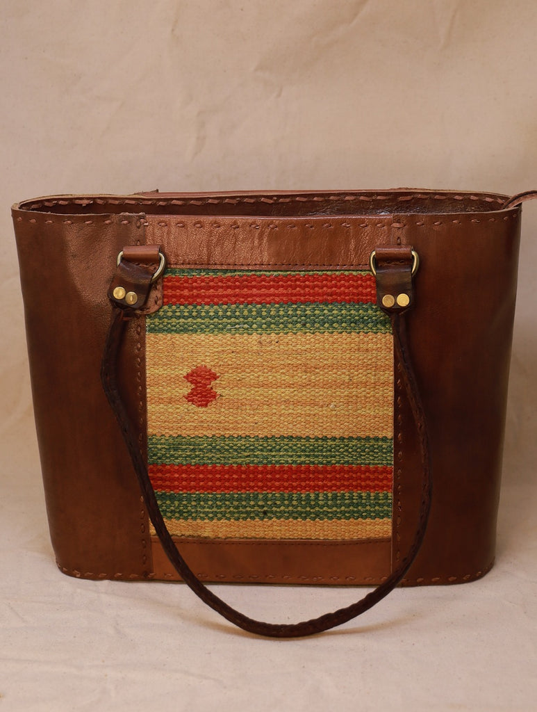 Handcrafted Jawaja Leather Tote Bag with Rug Patch - Brown & Pale Yellow