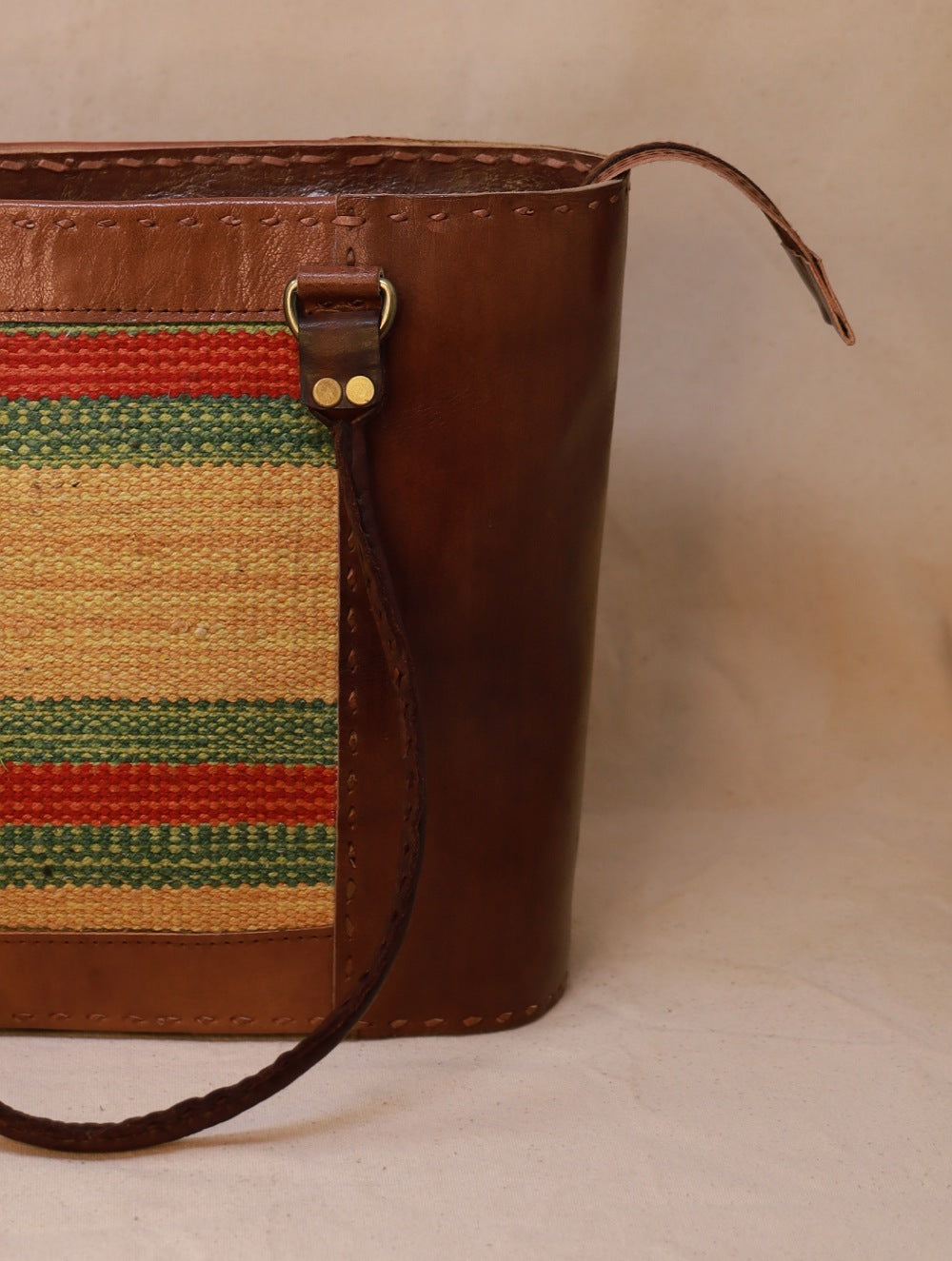 Load image into Gallery viewer, Handcrafted Jawaja Leather Tote Bag with Rug Patch - Brown &amp; Pale Yellow