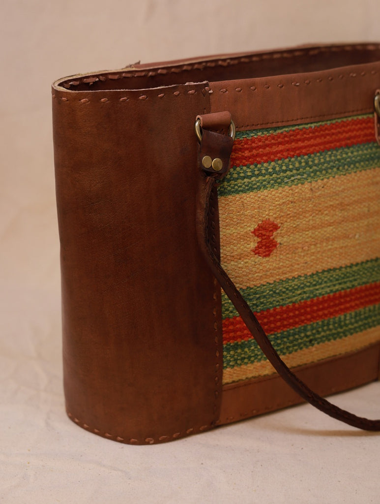 Handcrafted Jawaja Leather Tote Bag with Rug Patch - Brown & Pale Yellow