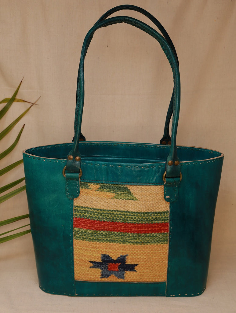 Handcrafted Jawaja Leather Tote Bag with Rug Patch - Green