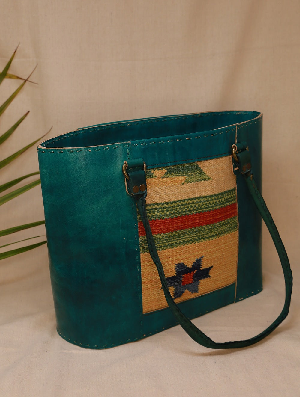 Load image into Gallery viewer, Handcrafted Jawaja Leather Tote Bag with Rug Patch - Green