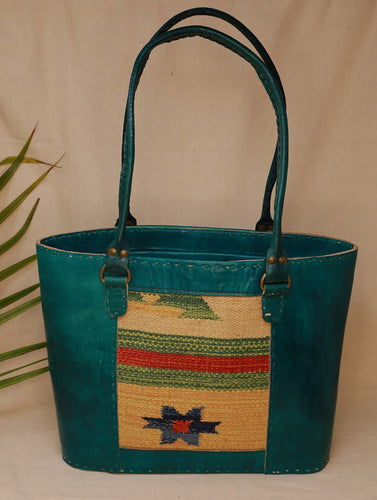 Handcrafted Jawaja Leather Tote Bag with Rug Patch - Green
