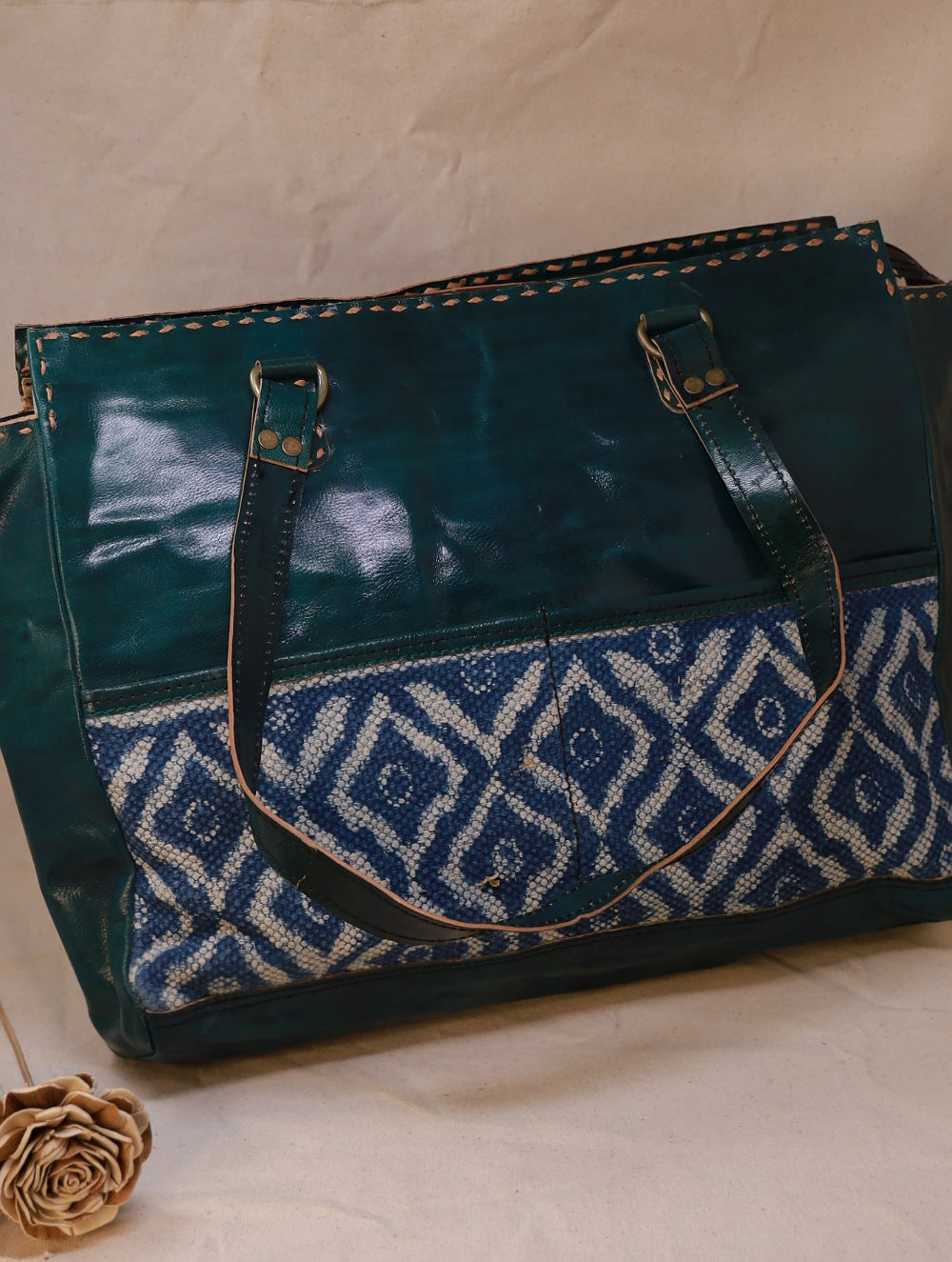Handcrafted Jawaja Leather Tote Bag with Rug Patch - Green