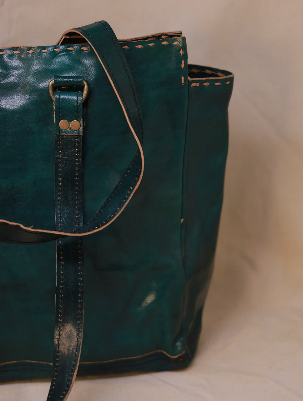 Handcrafted Jawaja Leather Tote Bag with Rug Patch - Green