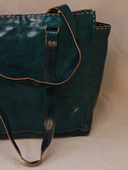 Handcrafted Jawaja Leather Tote Bag with Rug Patch - Green
