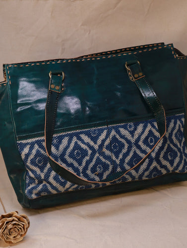 Handcrafted Jawaja Leather Tote Bag with Rug Patch - Green