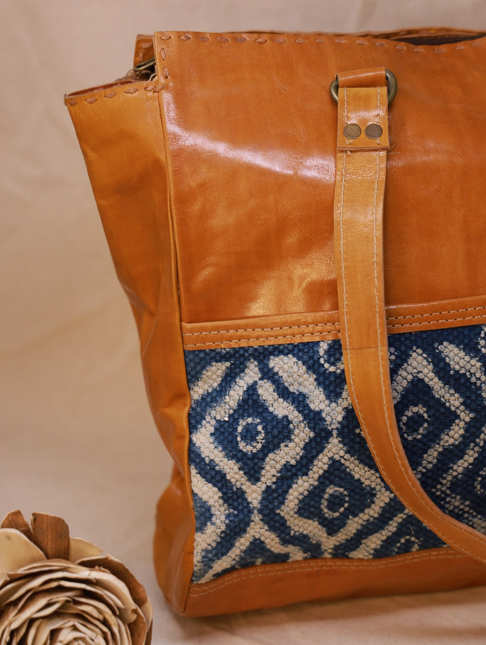 Load image into Gallery viewer, Handcrafted Jawaja Leather Tote Bag with Rug Patch - Yellow