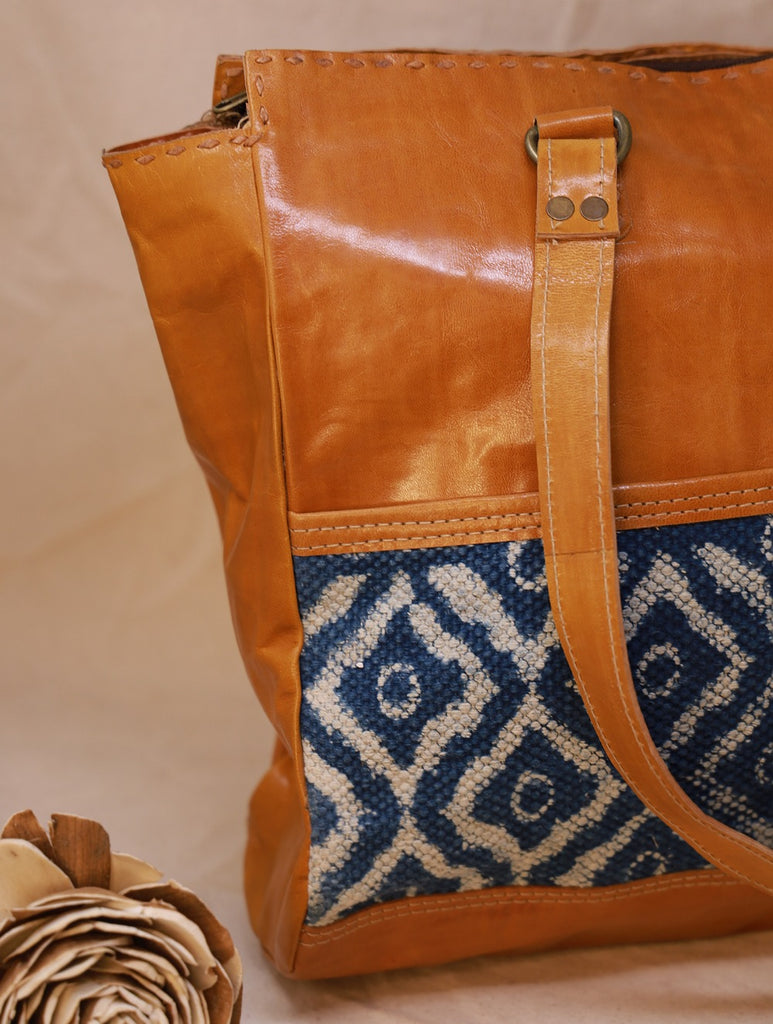 Handcrafted Jawaja Leather Tote Bag with Rug Patch - Yellow