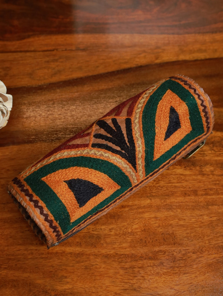 Handcrafted Jawaja Leather & Crewel Work Pouch - Abstract