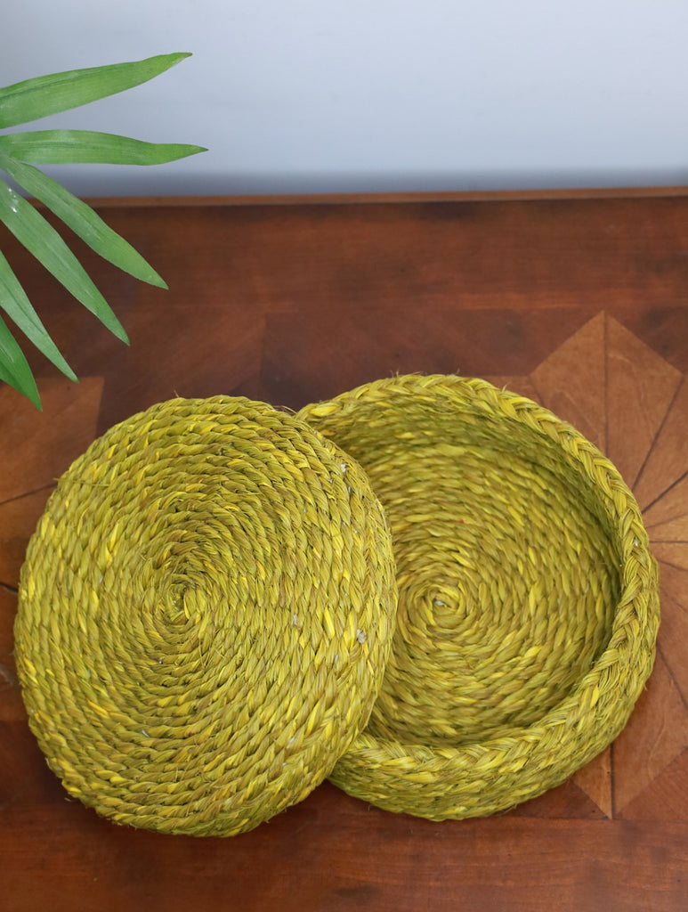Handcrafted Sabai Grass Utility Basket With Lid - Yellow