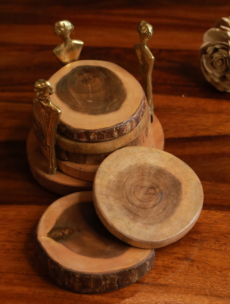 Handcrafted Wood & Dhokra Coaster Set (Set of 6)